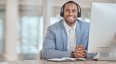 Buy stock photo Call center, portrait and happy man at table for telemarketing, support and crm in office. Face, smile and customer service professional, sales agent consultant or worker at help desk on mockup space