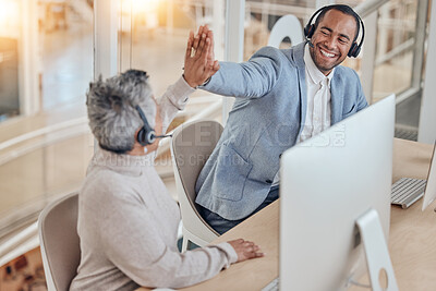 Buy stock photo Call center, high five and teamwork of people for telemarketing, support and winner in office. Success, celebration and customer service professional happy for achievement, sales goal or crm target