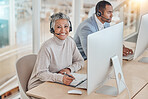 Computer, portrait and an elderly woman in a call center for customer service, support or assistance online. Contact, smile and happy senior consultant working at a desk in a professional crm office