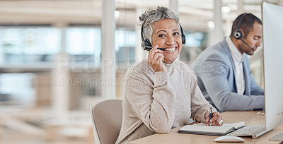 Buy stock photo Computer, portrait and a senior woman in a call center for customer service, support or assistance online. Contact, smile and happy female consultant working at a desk in her professional crm office