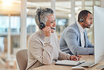 Computer, smile and an elderly woman in a call center for customer service, support or assistance online. Contact, headset and a happy senior consultant working at a desk in a professional crm office