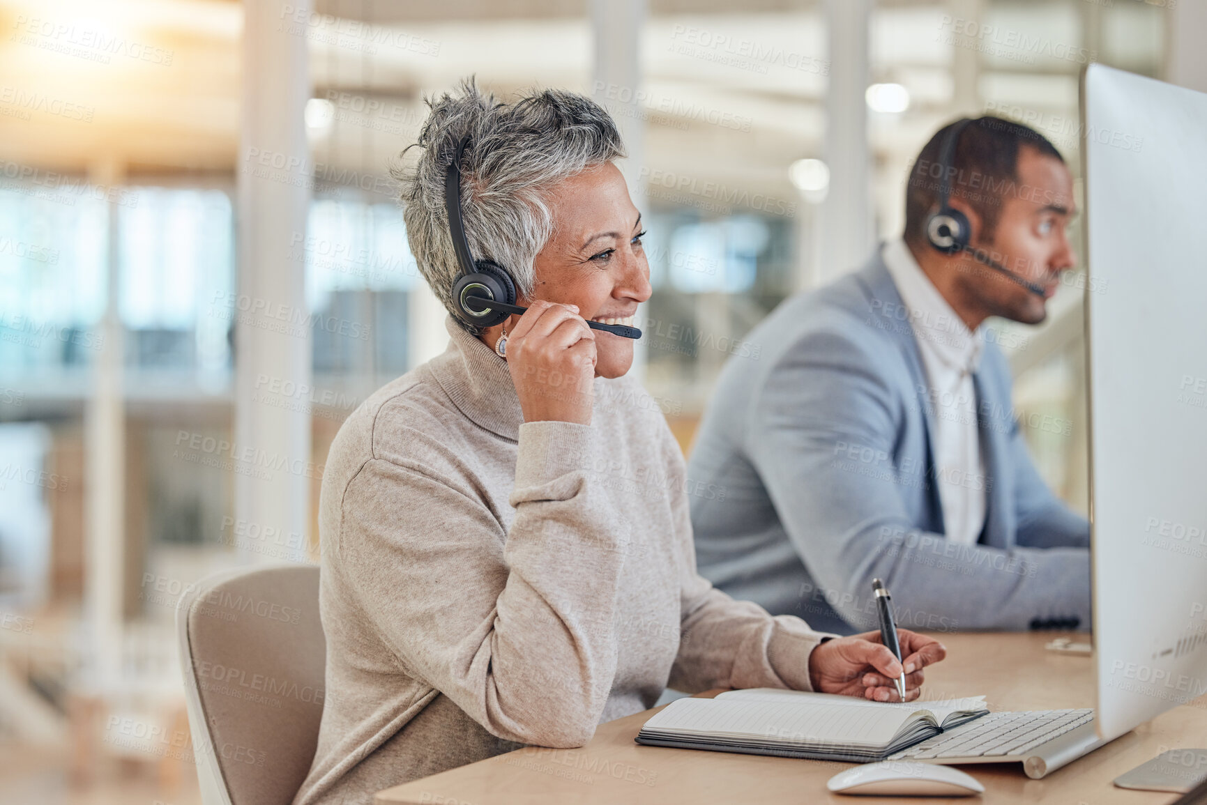 Buy stock photo Computer, smile and an elderly woman in a call center for customer service, support or assistance online. Contact, headset and a happy senior consultant working at a desk in a professional crm office