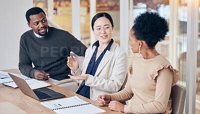 Buy stock photo Teamwork, planning and laptop with business people in office for consulting, coaching and feedback. Mentor, learning and review with employees in meeting for brainstorming, technology and support