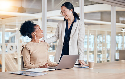 Buy stock photo Business women, laptop and advice, support or teamwork, collaboration and planning in office for marketing company. Happy, diversity and professional people talking, employee management and coworking