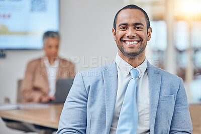 Buy stock photo Portrait of man in office for meeting with business people, smile and leadership at startup agency. Workshop, presentation and face of happy businessman, professional with opportunity and development