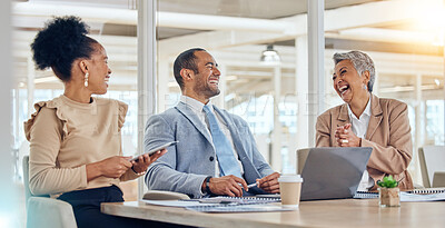 Buy stock photo Happy business people, team and laughing in meeting for company update, planning or feedback review. Diversity, corporate group or office employees in collaboration, conversation with a funny joke