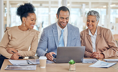 Buy stock photo Business people, team and meeting at laptop for advice, company update and planning data on software to review research. Diversity, corporate group and happy office employees working on computer tech