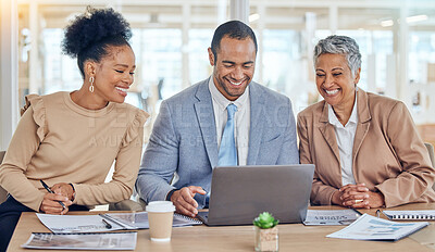 Buy stock photo Happy business people, team and laptop discussion for advice, company update and planning ideas to review data online. Diversity, corporate group and office employees in collaboration on computer 