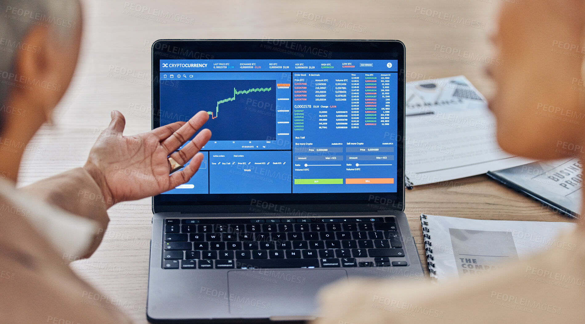 Buy stock photo Hand, laptop and chart on screen for crypto, finance or investment for teamwork, analysis or review. Business people, computer and graph in trading, fintech app or stock market with investment growth