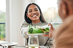 Happy woman, salad and family dinner at thanksgiving celebration at home. Food, female person and eating at a table with a smile from hosting, lunch and social gathering on holiday in dining room