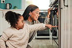 Oven, learning and mother cooking with child in kitchen for development, teaching and learning a recipe together at home. Stove, curious and kid help mom or parent prepare food, meal or baking