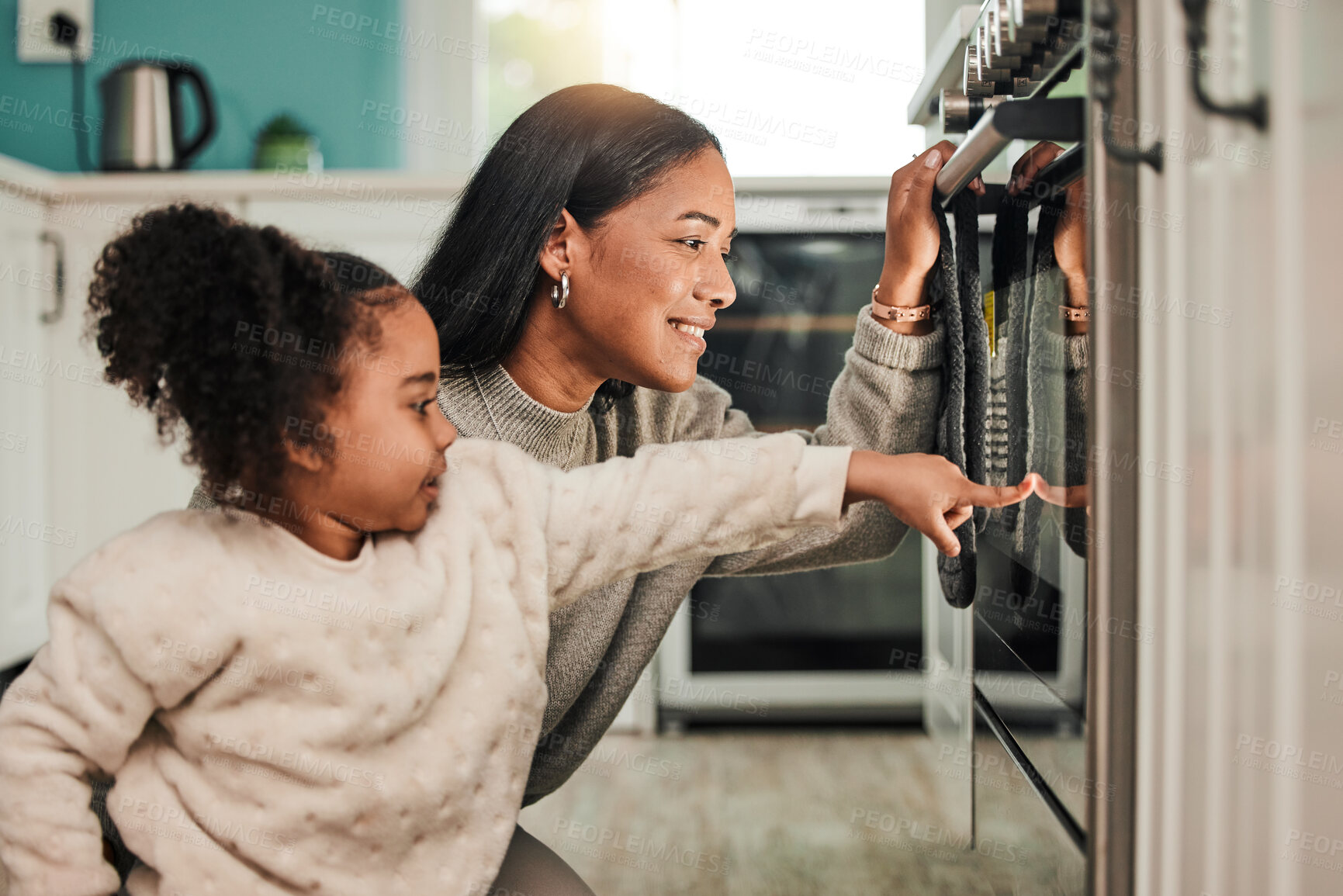 Buy stock photo Oven, learning and mother cooking with child in kitchen for development, teaching and learning a recipe together at home. Stove, curious and kid help mom or parent prepare food, meal or baking