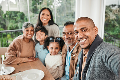 Buy stock photo Family, portrait and smile for selfie at lunch, dinner or celebration together at home. Happy generations of kids, parents and grandparents in profile picture, quality time or reunion at dining table