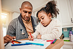 Education, math and father teaching kid creative homework, education and remote learning in a home kitchen together. Childcare, academic and dad or parent support kid, daughter or girl with coloring