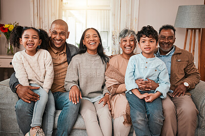Buy stock photo Family, generations and smile in portrait on couch, bonding with love and care at home. Happy people in living room, grandparents and parents with children relax on sofa with laughter together