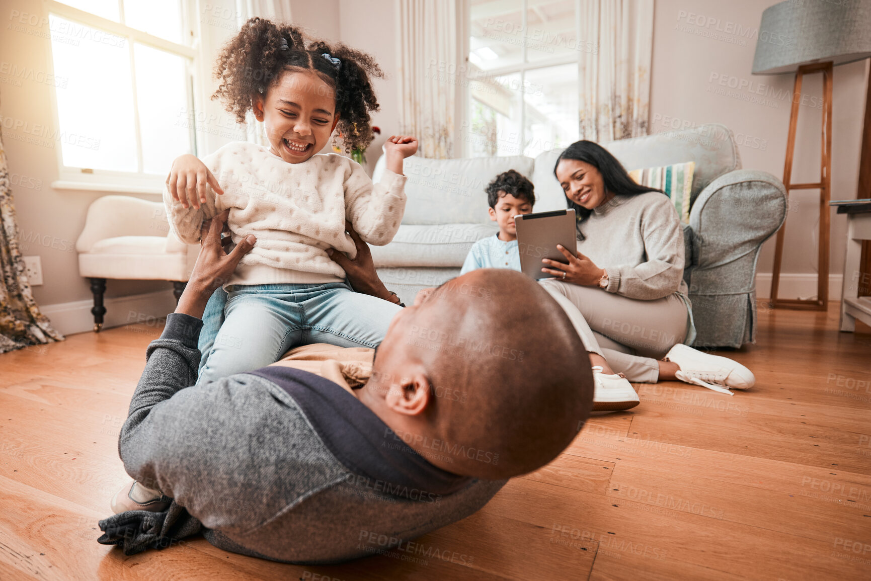 Buy stock photo Father, girl and play in home, funny and bonding together with love and care. Dad, child and laughing on floor in living room lounge for family time to relax, smile and happy in interracial house