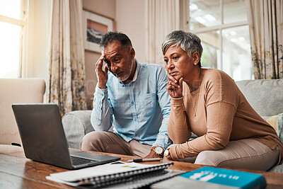Buy stock photo Senior couple, stress and laptop for financial debt, budget mistake and investment fail or asset management at home. Elderly people with depression, thinking or reading news or email on computer