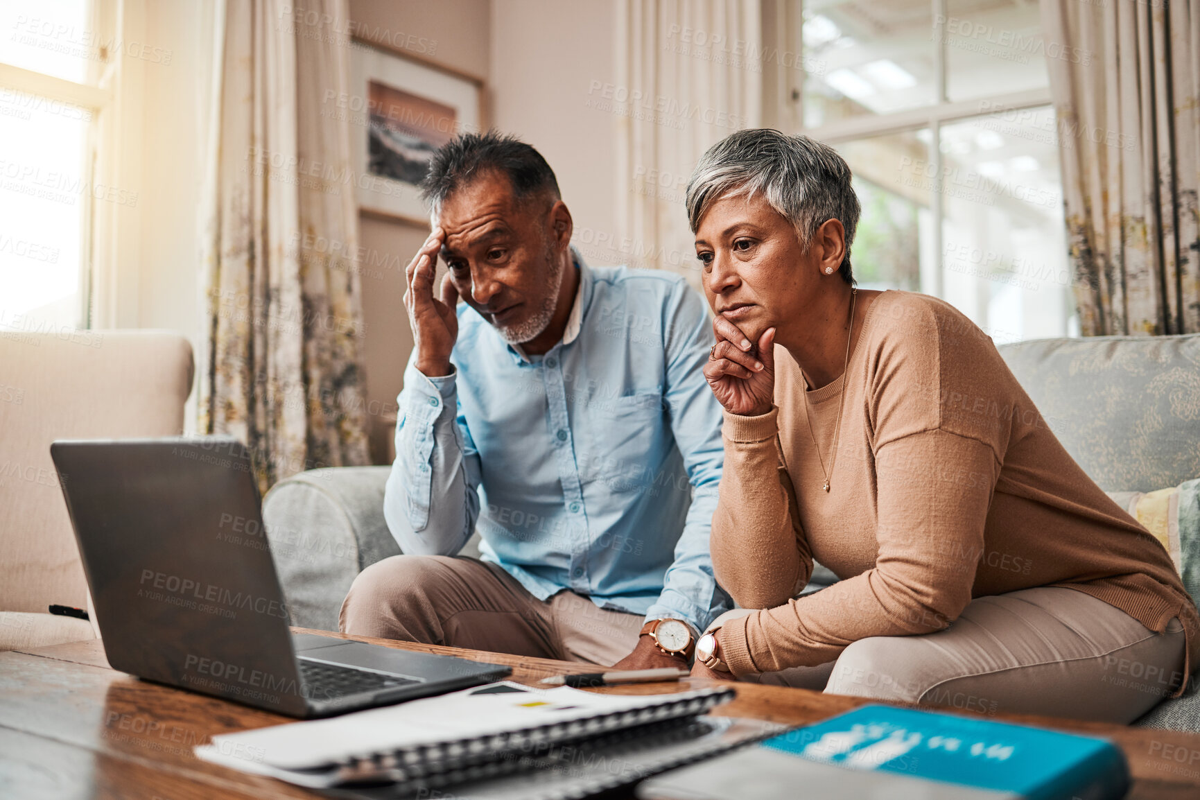 Buy stock photo Senior couple, stress and laptop for financial debt, budget mistake and investment fail or asset management at home. Elderly people with depression, thinking or reading news or email on computer