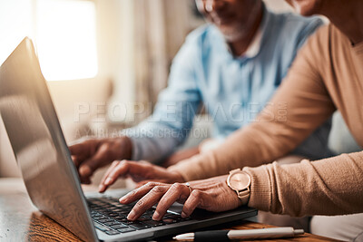 Buy stock photo Relax, laptop and search with hands of couple in living room for social media, website and internet. Technology, email and news with closeup of people at home for communication, online and connection
