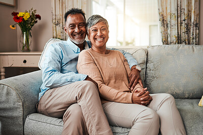 Buy stock photo Senior couple, portrait and happy marriage on home sofa with care, happiness and love. Mature man and woman relax and laughing together on a couch with commitment, support and wellness in retirement