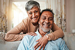 Mature couple, portrait and happy marriage on home sofa with care, happiness and love. Senior man and woman relax and laughing together on a couch with commitment, support and wellness in retirement
