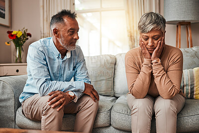 Buy stock photo Angry, senior couple and fight on couch, conflict and depression with a breakup, cheating or stress. Divorce, old woman or elderly man with mental health, home or separation with crisis or retirement