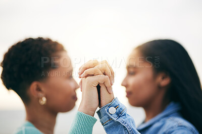 Buy stock photo Holding hands, lesbian and queer couple with love, outdoor and romance with support, bonding and quality time. Closeup, fingers and women with holiday, romantic and loving together with Lgbtq people