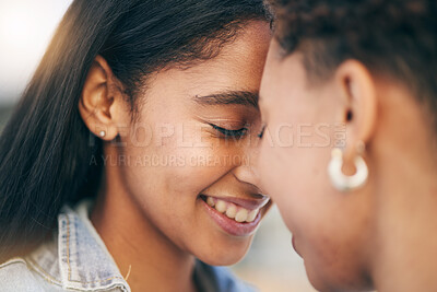 Buy stock photo Love, lesbian and intimate couple outdoor, bonding and romance on date together. Happy, gay women and forehead touch for care, commitment and loyalty, trust and support for lgbtq, queer or homosexual