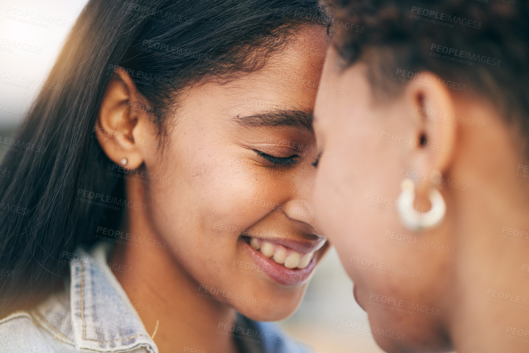 Buy stock photo Love, lesbian and intimate couple outdoor, bonding and romance on date together. Happy, gay women and forehead touch for care, commitment and loyalty, trust and support for lgbtq, queer or homosexual