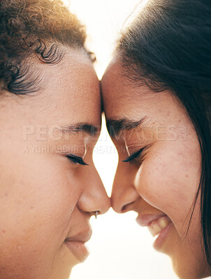 Buy stock photo Face, lesbian couple and gay love outdoor with happiness, care and pride in summer. Closeup of LGBTQ women, friends or people in nature for freedom, romantic date and commitment in happy relationship