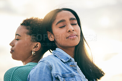 Buy stock photo Friends, gay women or couple with love outdoor at sunset in summer. Closeup of LGBTQ or lesbian people in nature for freedom, romantic date and commitment with support and trust in happy relationship