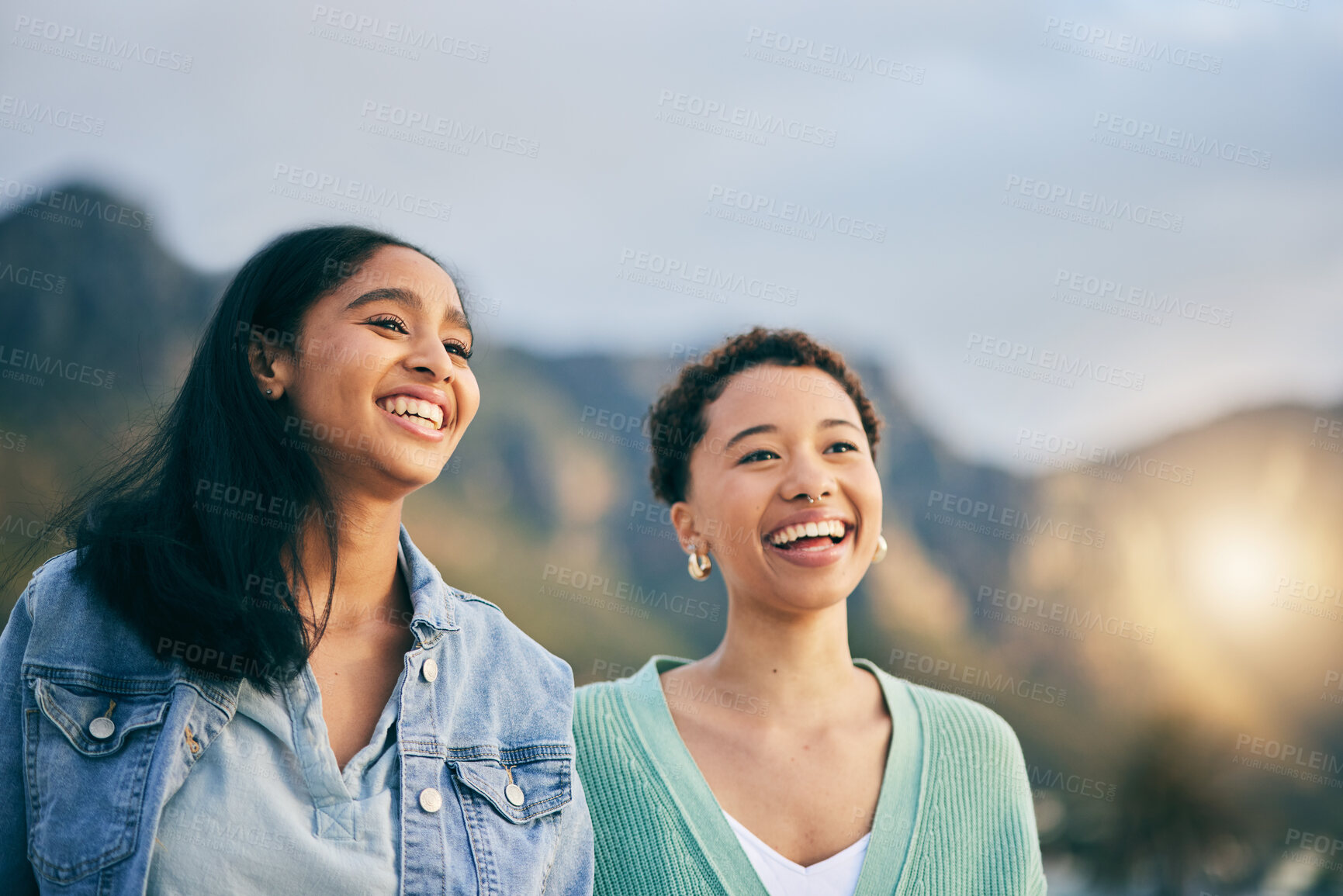 Buy stock photo Love, lesbian or happy gay couple laughing with care or pride in LGBTQ community with smile or support. Friends, women or funny people in nature on a romantic date or commitment on holiday vacation