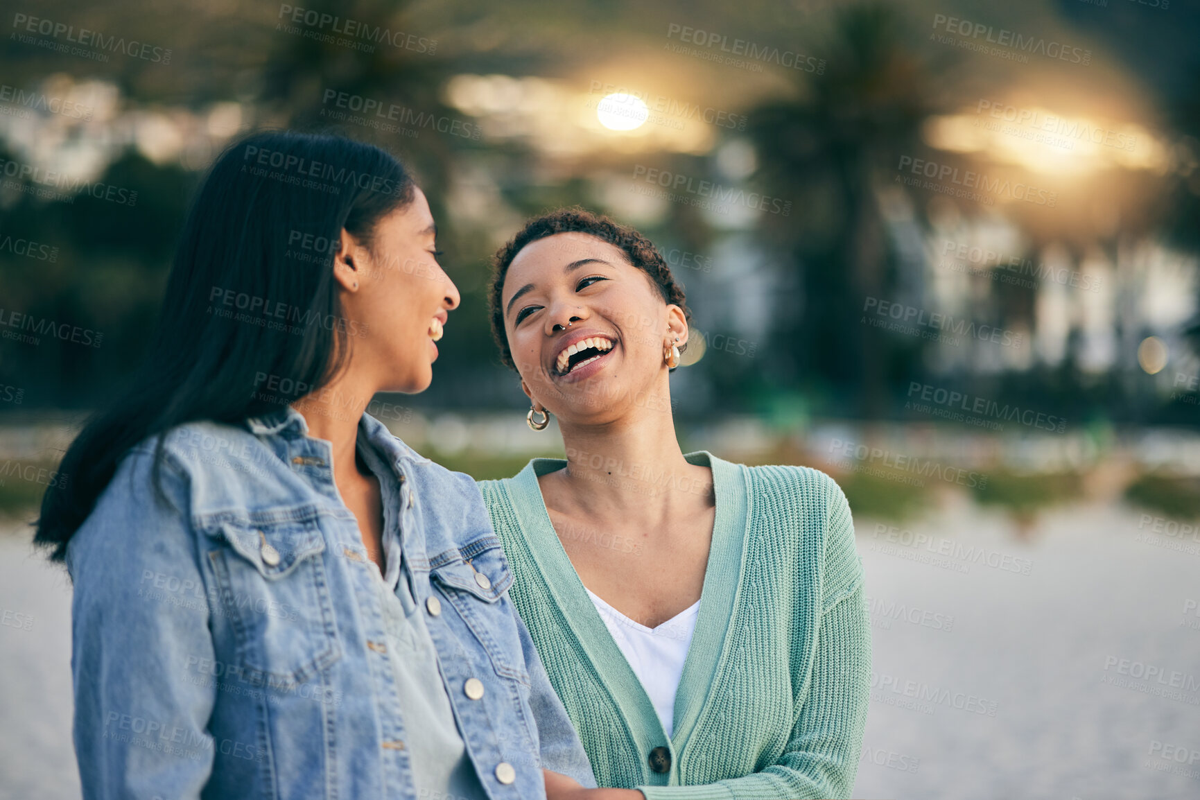 Buy stock photo Laughing, friends or gay couple with outdoor for travel walk, pride or date in Miami. LGBTQ or lesbian women, friends or people together for freedom, funny conversation or commitment to happy partner