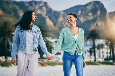 Buy stock photo Holding hands, gay couple and women friends outdoor with trust, freedom and pride on travel. LGBTQ or lesbian people in nature for walk, romantic date and commitment to happy partner in South Africa 