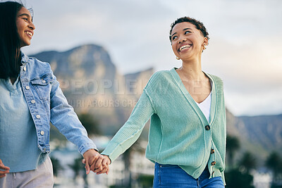 Buy stock photo Travel, gay couple and women friends outdoor with trust, freedom and pride on travel. LGBTQ or lesbian people holding hands for walk, romantic date and commitment to happy partner in South Africa 