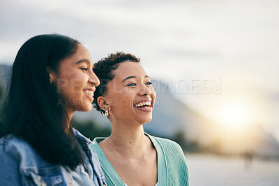 Buy stock photo Friends, gay women or couple with love outdoor at sunset in summer. Smile of LGBTQ or lesbian people in nature for freedom, student holiday and travel or date with african partner and space in sky