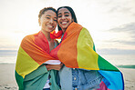 Rainbow flag, gay couple or women with love outdoor for happiness, rights and pride at sunset. Portrait of LGBTQ or lesbian friends or people in at beach for freedom, date and hug with happy partner