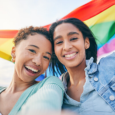 Buy stock photo Portrait, couple and lesbian with women in selfie, pride flag and lgbt relationship, happiness outdoor. Female people smile in picture, gen z youth and gay equality, support and trust with partner 