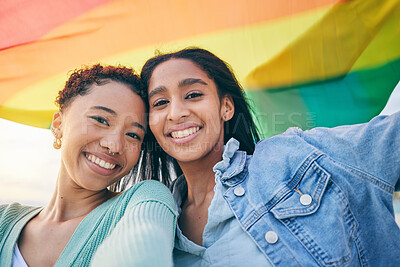 Buy stock photo Portrait, happy couple and lesbian with women in selfie, pride flag and lgbt relationship with happiness. Female people smile in picture, gen z youth and gay equality, support and trust with partner 