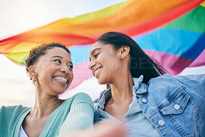 Buy stock photo Happy couple, lesbian with women in selfie, pride flag and lgbt relationship with love and happiness. Female people smile in picture, gen z youth and gay equality, support and trust with partner 