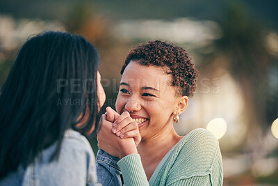Buy stock photo Holding hands, outdoor and lesbian couple with love, marriage or happiness with romance, relationship or romantic. Lgbtq, female people or bonding with gesture, loving together or smile with equality