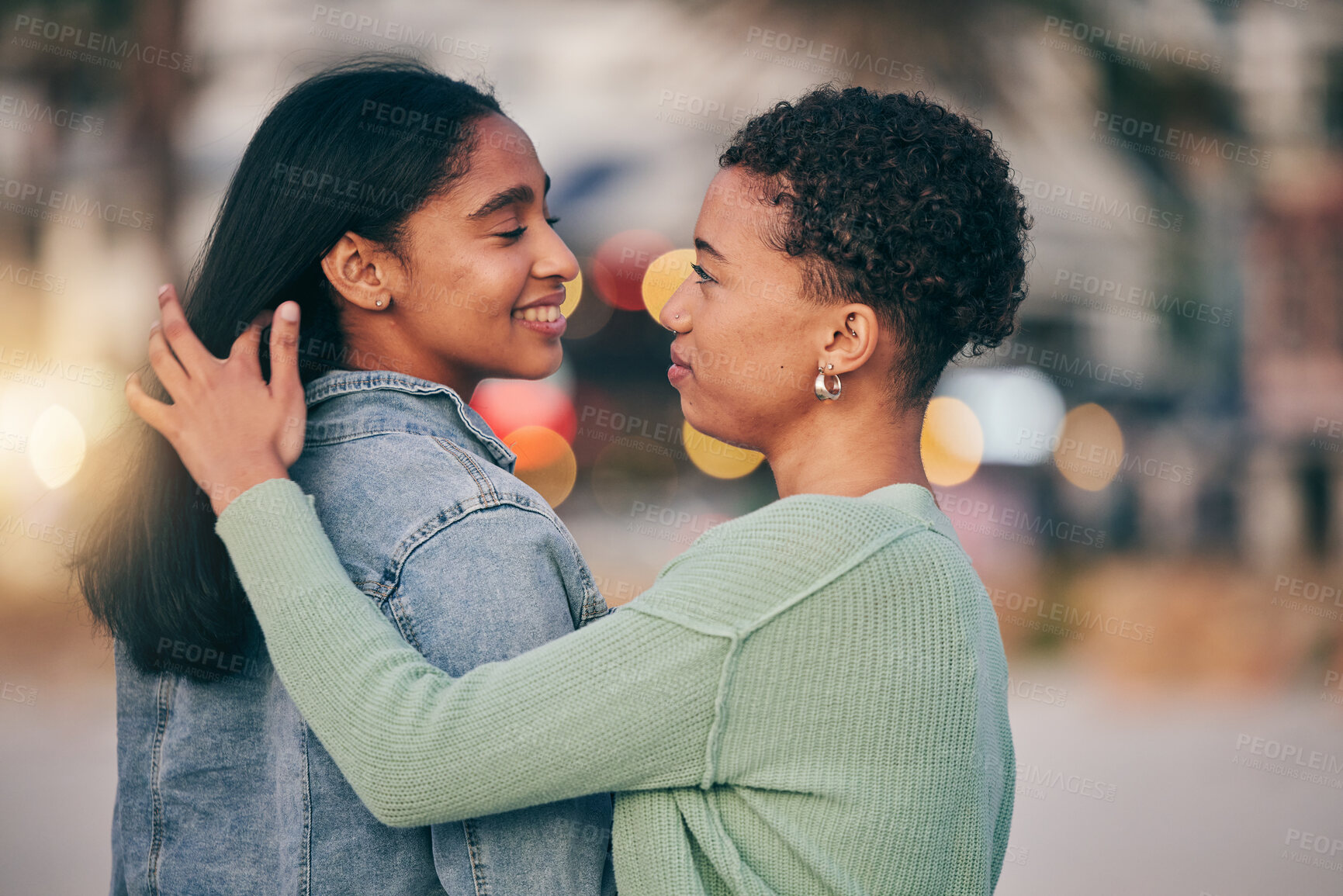 Buy stock photo Love, lesbian or gay couple with trust, care and pride in LGBTQ community with smile or support. Outdoor, gen z women or people in nature for freedom, romantic date or commitment on holiday vacation