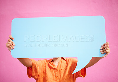 Buy stock photo Social media, person and hands with speech bubble mockup or opinion, review or feedback space for advertising placement. Quote, dialogue box and sign for communication or billboard, banner or chat