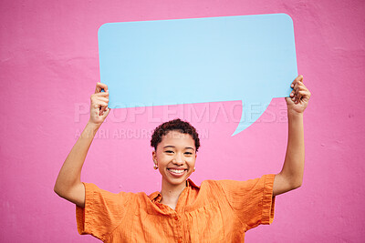 Buy stock photo Woman, speech bubble and quote on social media, mockup or opinion, review and space for feedback or advertising placement. Hands, dialogue box and sign for communication on billboard, banner or chat