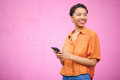 Buy stock photo Happy, search and space with woman and phone for network, social media and communication. Contact, post and technology with person on pink background for gen z, notification and mobile app mockup