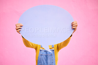 Buy stock photo Hands, speech bubble and quote on social media, mockup or opinion, review and space for feedback or advertising on pink background. Studio, dialogue and communication sign or banner for a chat