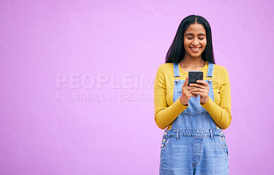 Buy stock photo Online, happy and space with woman and phone for network, social media and communication. Contact, post and technology with person on purple background for gen z, notification and mobile app mockup