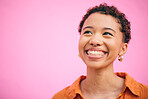 Smile, woman and happy in studio with mockup space, gen z style and youth fashion. Pink background, female person and girl with deal and sales excited with modern, trendy and student clothing