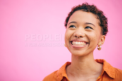 Buy stock photo Thinking, woman and happy in studio with mockup space, gen z style and fashion. Pink background, female person and vision of future with idea and excited with modern, trendy and student clothing