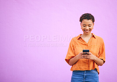 Buy stock photo Gen z, smile and space with woman and phone for network, social media and communication. Contact, post and technology with person on purple background for search, notification and mobile app mockup